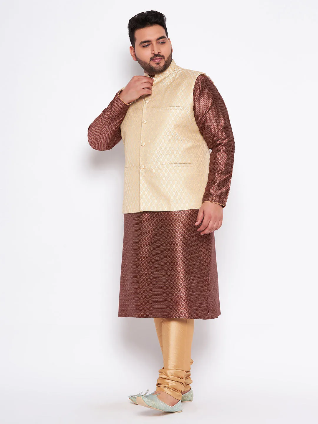 VASTRAMAY Men's Plus Size Cream Ethnic Cream Jacket With Maroon Silk Blend Kurta and Golden Pyjama Set