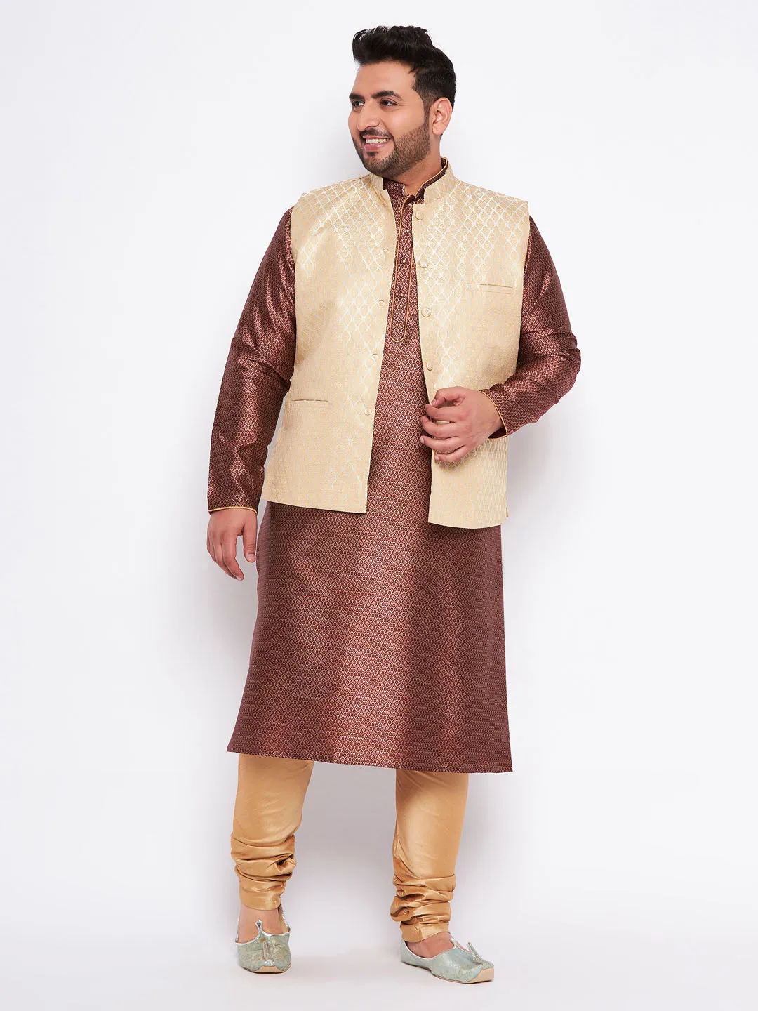 VASTRAMAY Men's Plus Size Cream Ethnic Cream Jacket With Maroon Silk Blend Kurta and Golden Pyjama Set