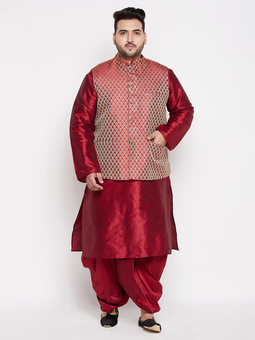 VASTRAMAY Men's Plus Size Maroon Woven Silk Blend Jacket And Maroon Silk Blend Kurta Dhoti Set