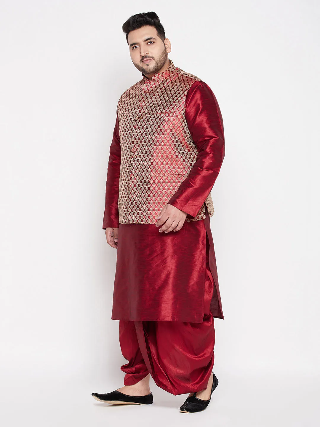 VASTRAMAY Men's Plus Size Maroon Woven Silk Blend Jacket And Maroon Silk Blend Kurta Dhoti Set