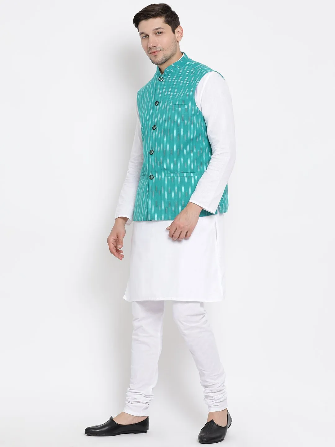 VASTRAMAY Men's White Cotton Kurta, Ethnic Jacket and Pyjama Set