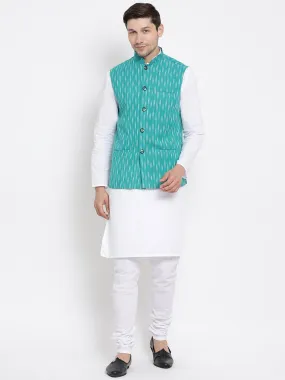 VASTRAMAY Men's White Cotton Kurta, Ethnic Jacket and Pyjama Set