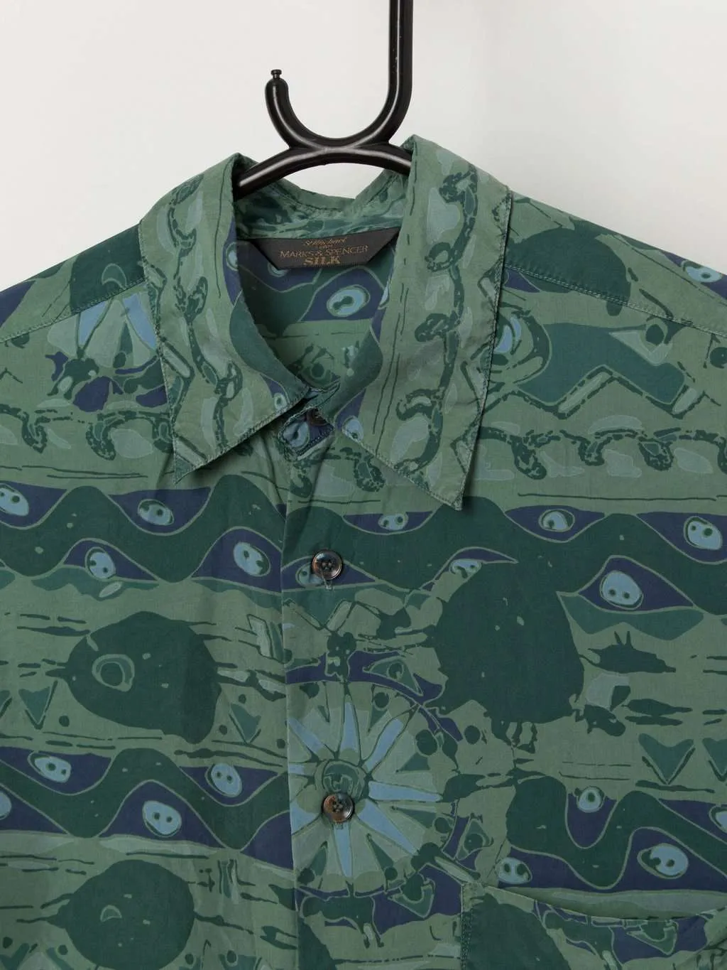 Vintage green silk shirt by St Michael with cool abstract pattern – Small