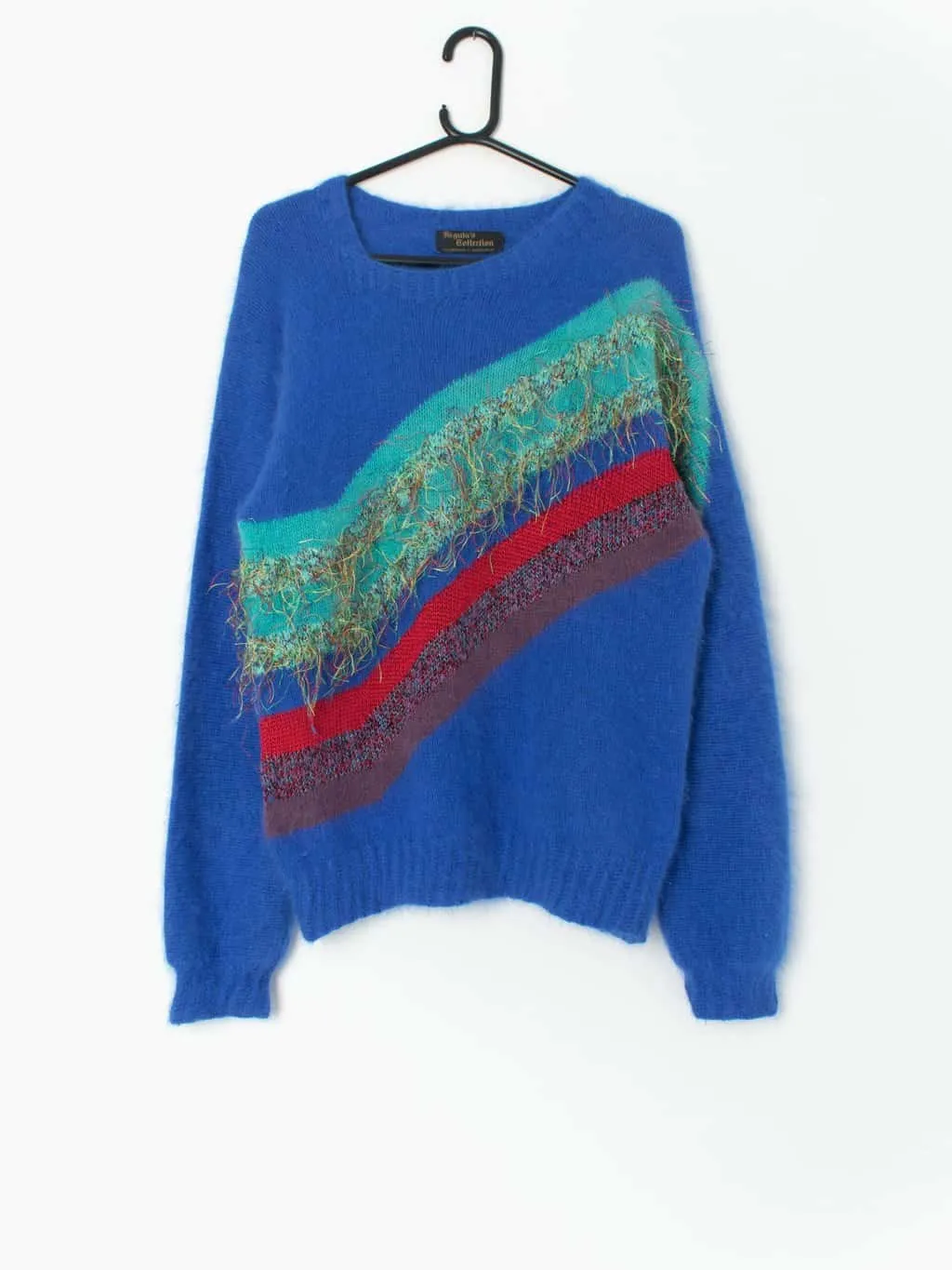 Vintage mohair jumper in electric blue with striped design and crazy rainbow tassels – Small / Medium