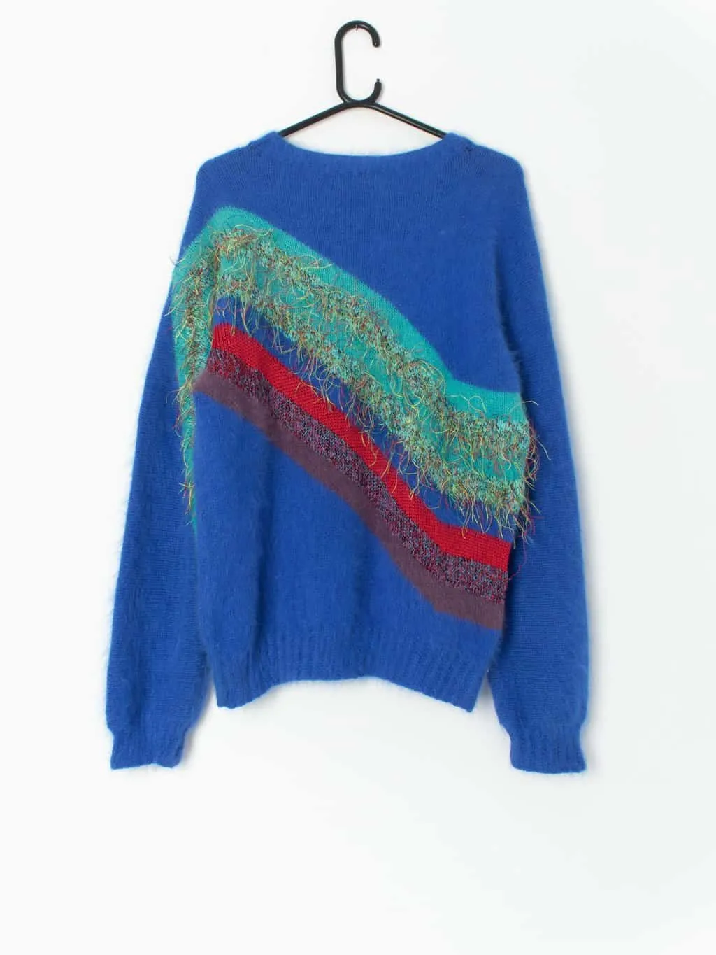 Vintage mohair jumper in electric blue with striped design and crazy rainbow tassels – Small / Medium