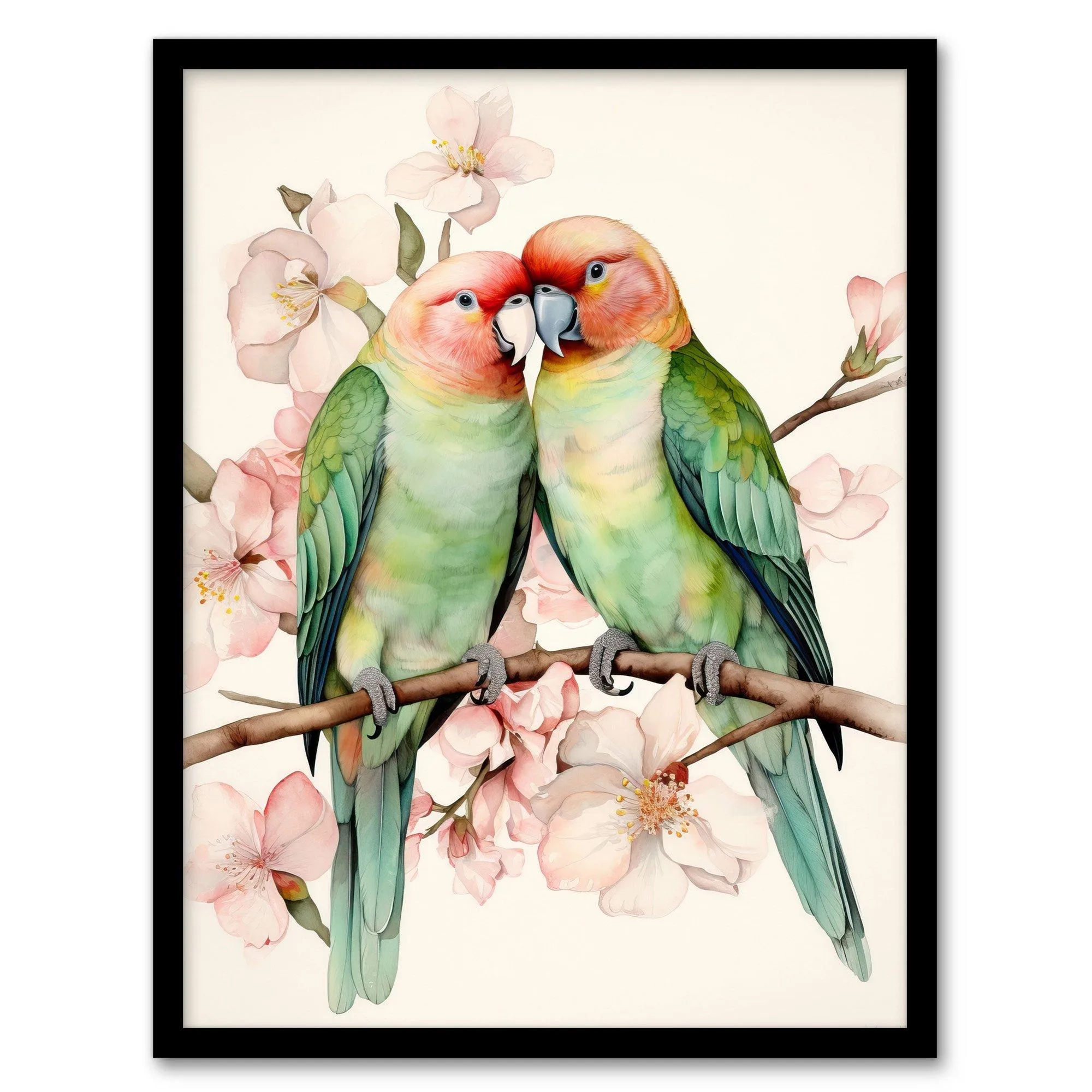 Wall Art & Pictures | Birds Of A Feather Love Birds Perched On A Cherry Bloom Art Print Framed Poster Wall Decor 12x16 inch 