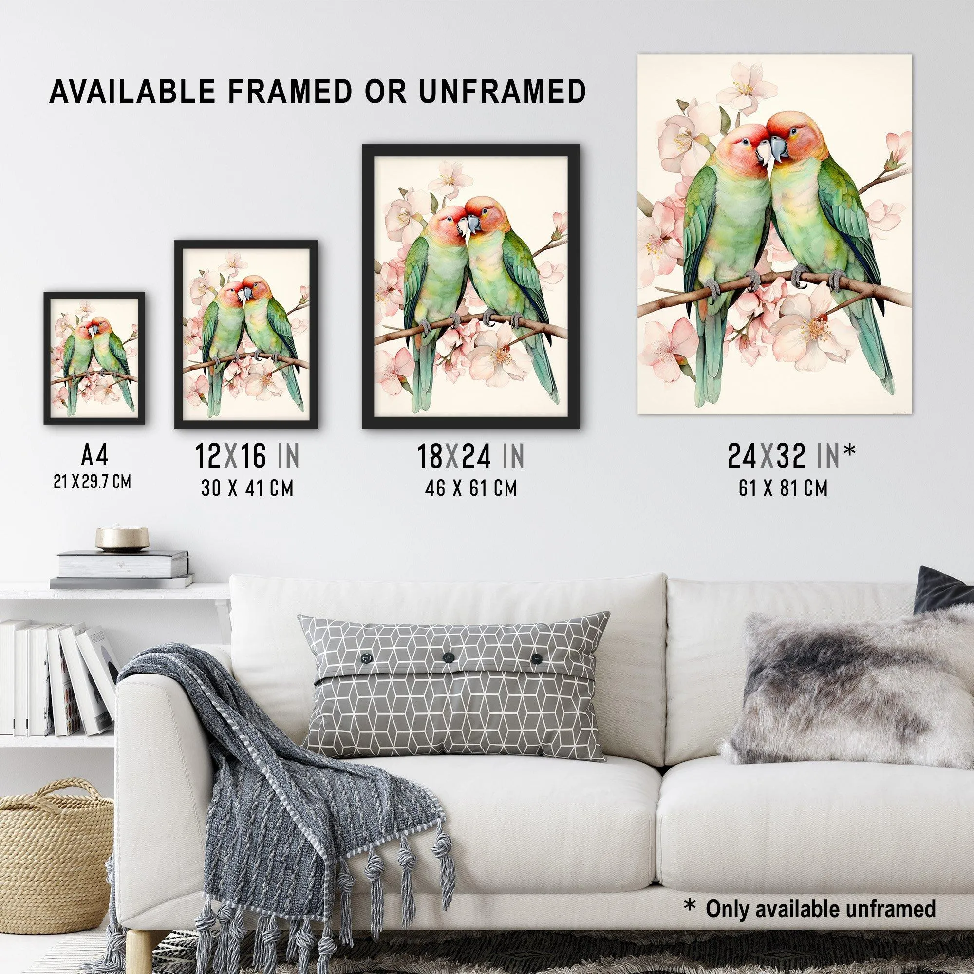 Wall Art & Pictures | Birds Of A Feather Love Birds Perched On A Cherry Bloom Art Print Framed Poster Wall Decor 12x16 inch 