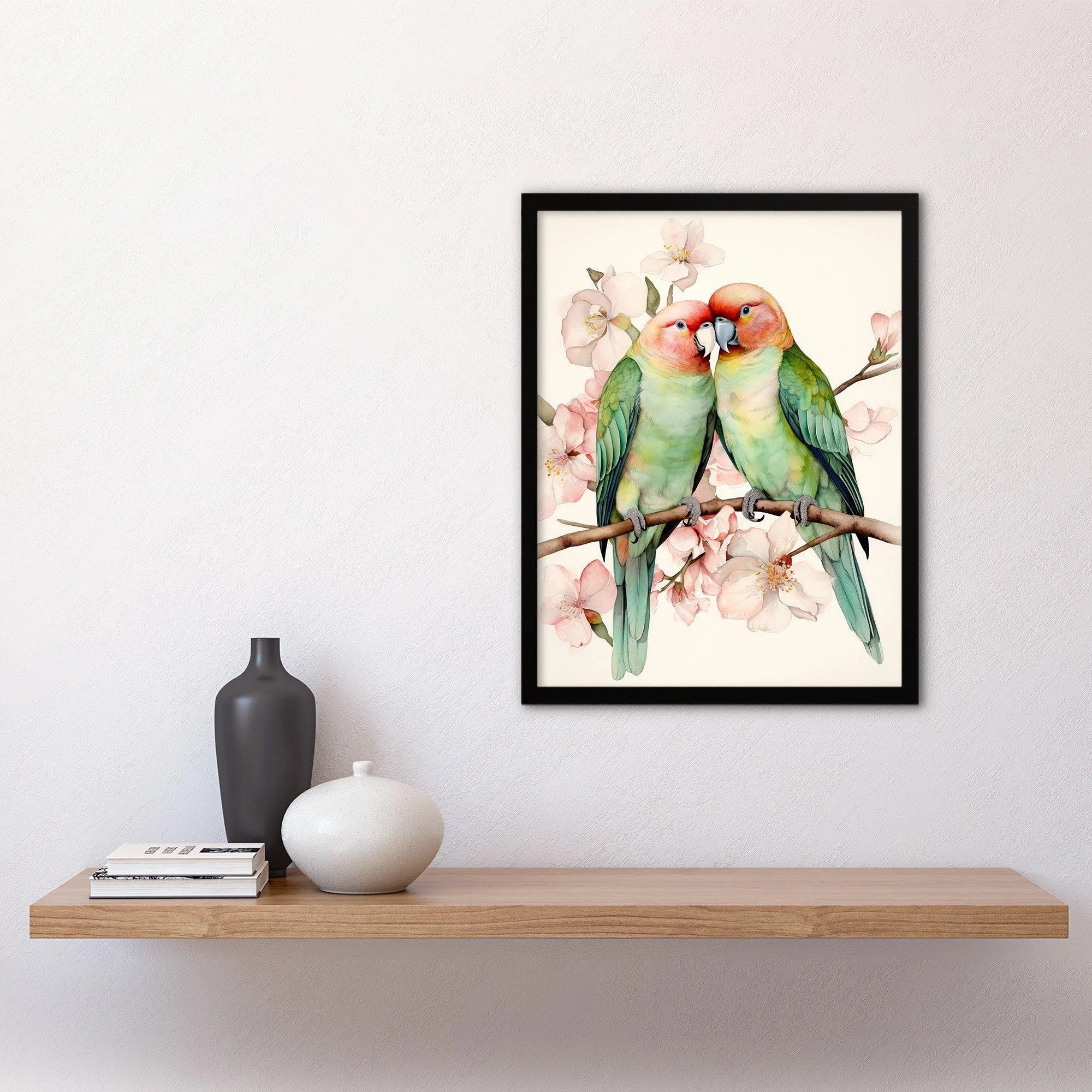 Wall Art & Pictures | Birds Of A Feather Love Birds Perched On A Cherry Bloom Art Print Framed Poster Wall Decor 12x16 inch 