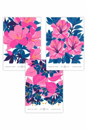 Wall Art & Pictures | Set of 3 Navy Blue and Pink Flower Market Bouquets Art Posters | ARTZE