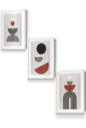 Wall Art & Pictures | Set of 3 White Framed Black Grey Terracotta Abstract Mid Century Geometric Wall Art | ARTZE