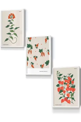 Wall Art & Pictures | Set of 3 White Framed Vintage Graphical Orange Flower Market Wall Art | ARTZE