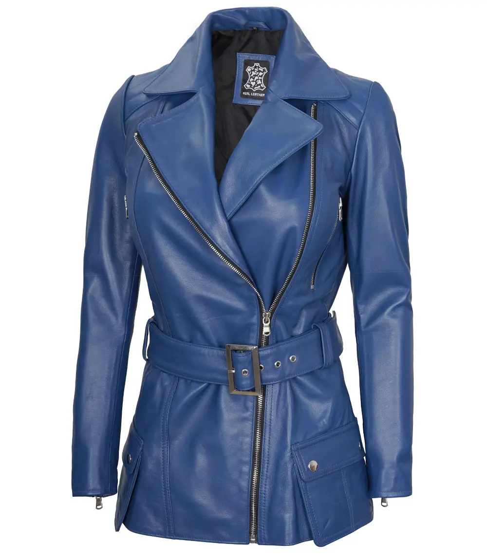 Women's Asymmetrical Blue Belted Leather Jacket