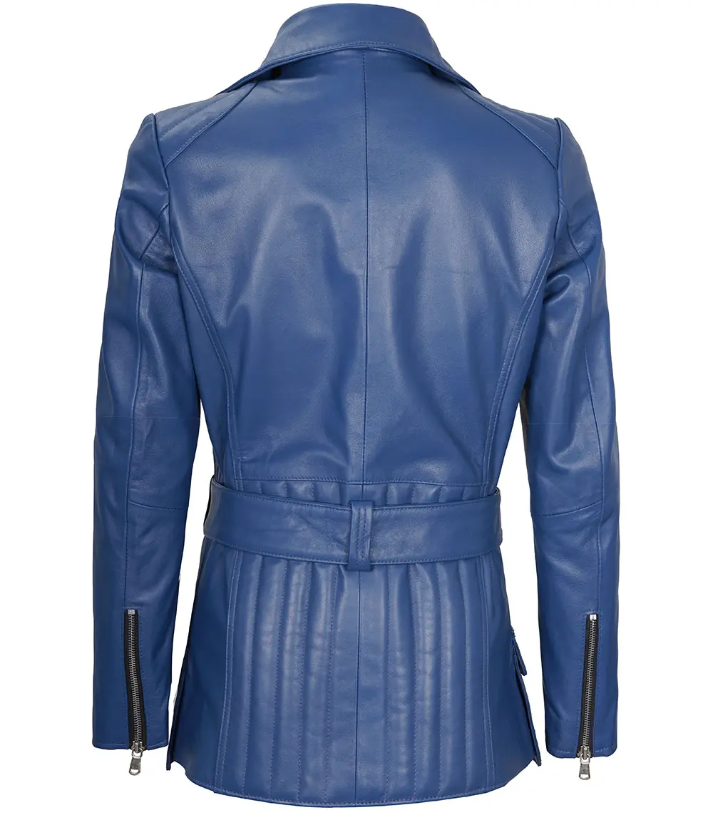 Women's Asymmetrical Blue Belted Leather Jacket