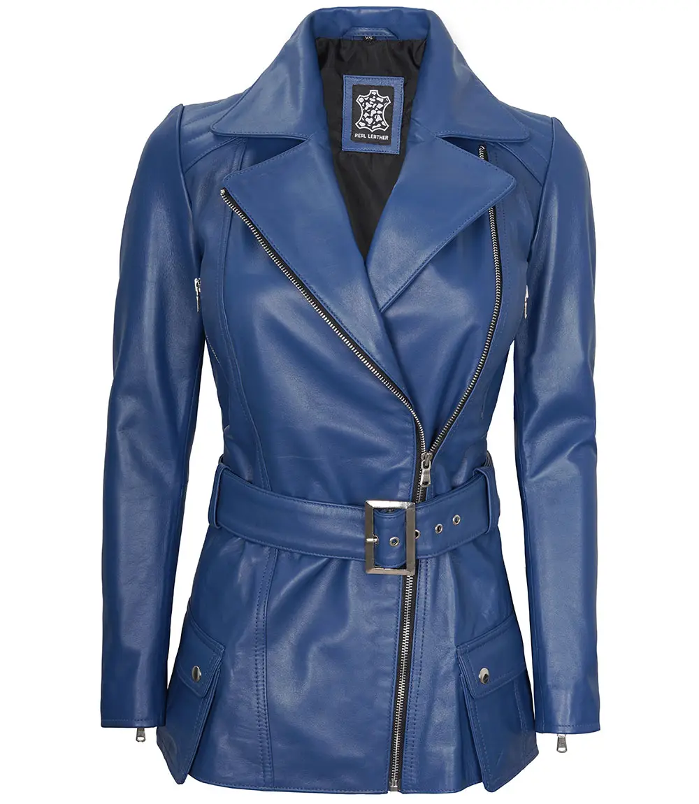 Women's Asymmetrical Blue Belted Leather Jacket