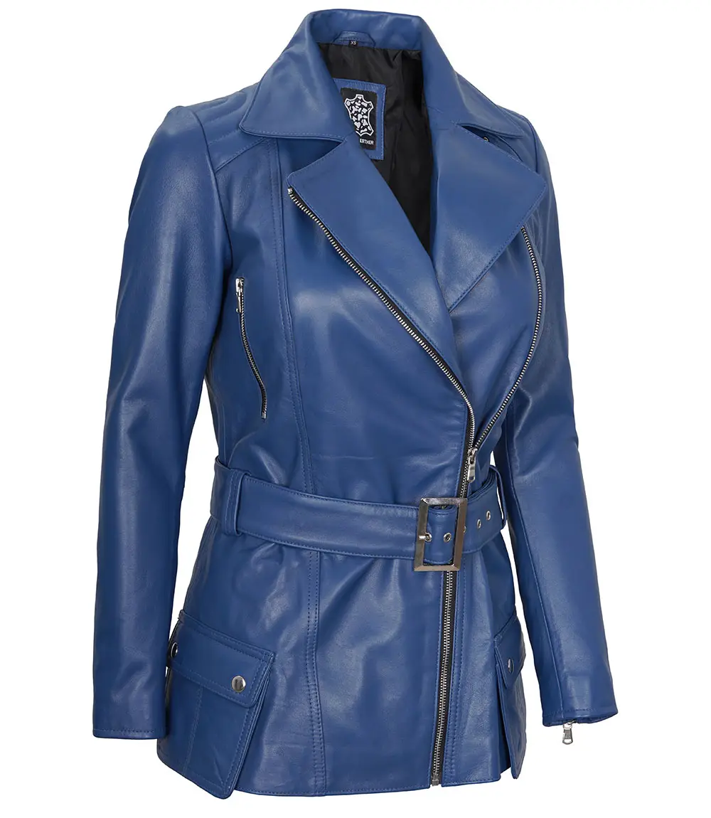 Women's Asymmetrical Blue Belted Leather Jacket