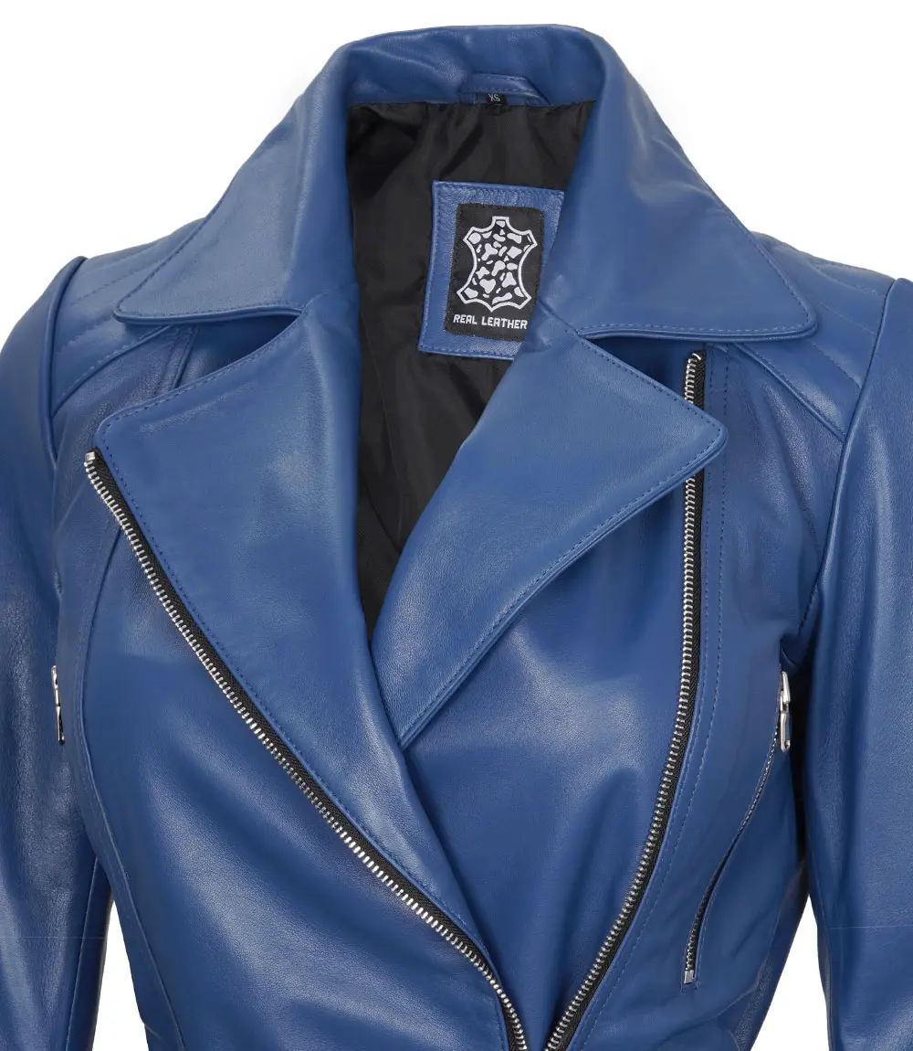 Women's Asymmetrical Blue Belted Leather Jacket