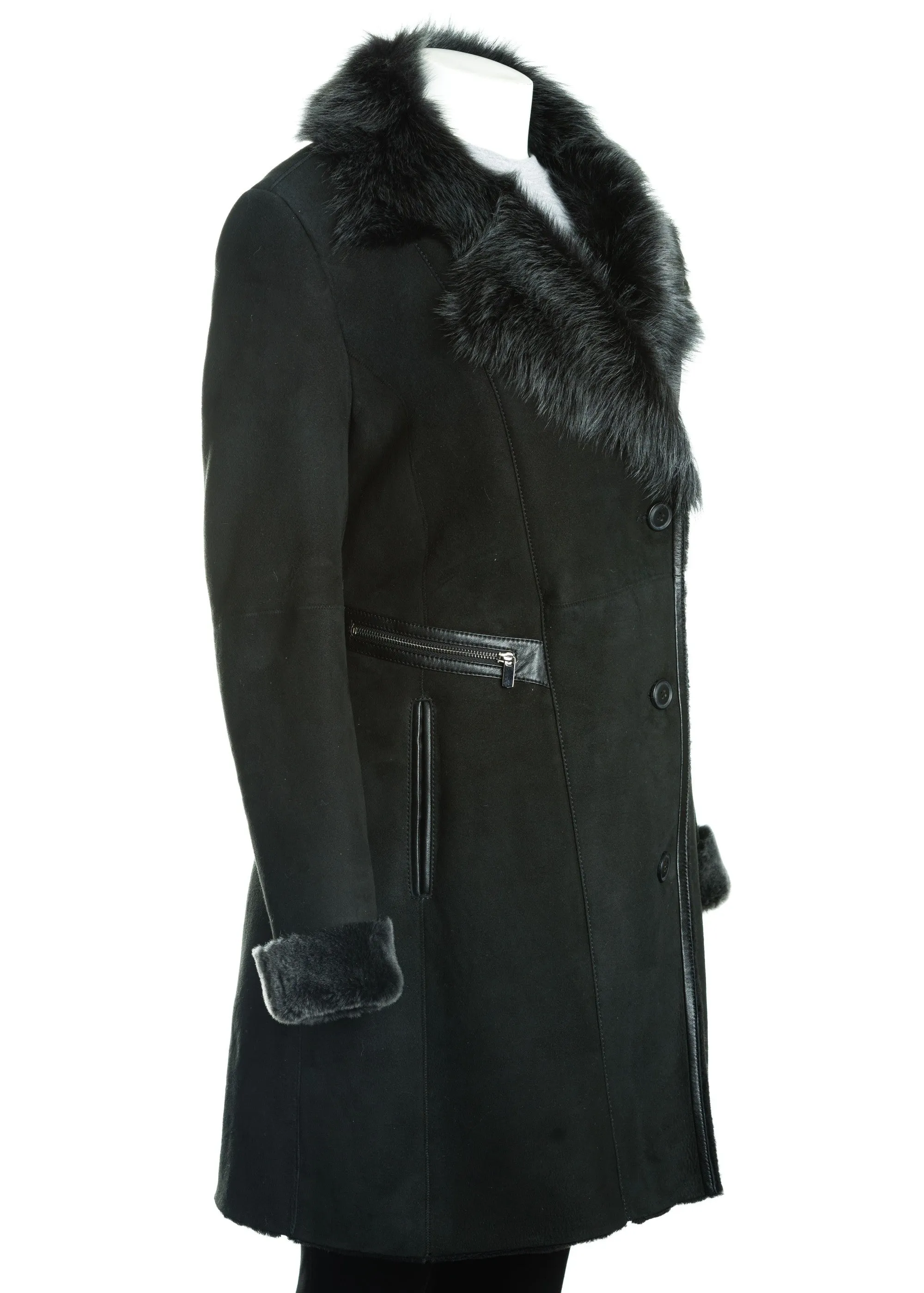 Women's Black 3/4 Button-Up Toscana Sheepskin Coat: Gabriella