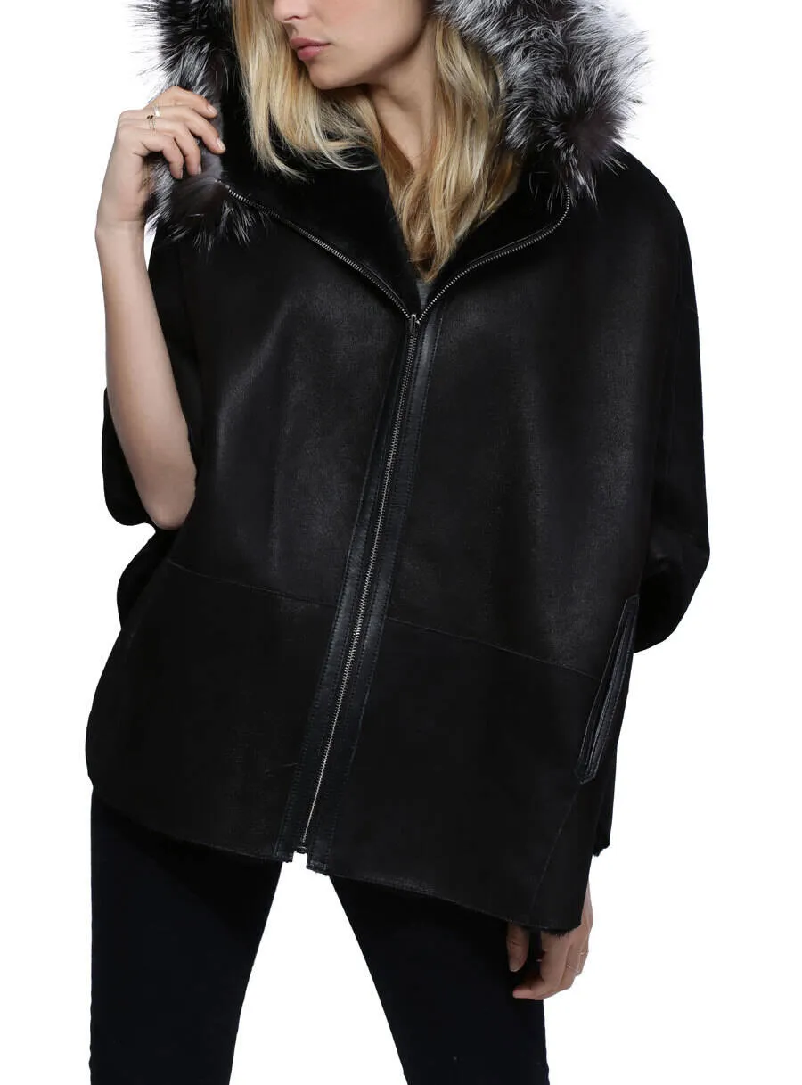 Women's black sheep / fox hooded jacket pisa