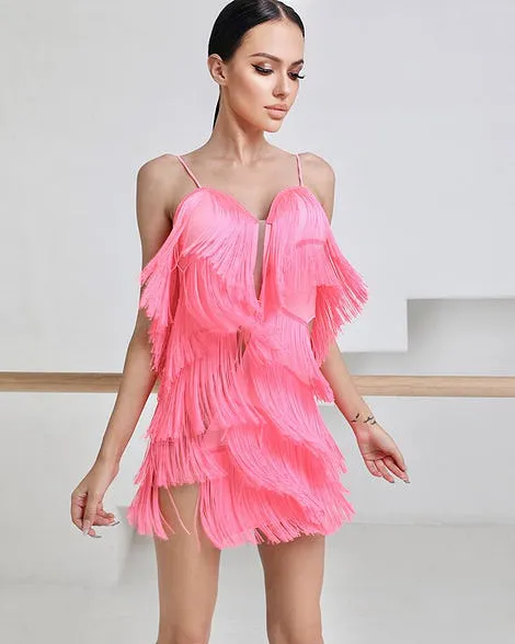 ZYM Dance Style Body Twist Fringe Dress #2118 with High-Waist Cutout and Layered Fringe Details Available in 3 Colors PRA 704 in